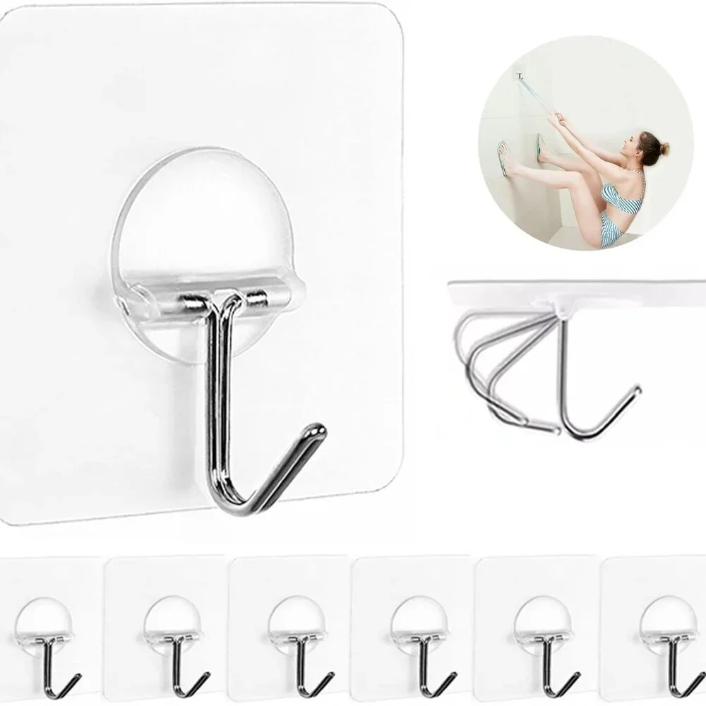Classic Polished Adhesive Hooks - 8 Heavy Duty Transparent Wall Mounts for Home